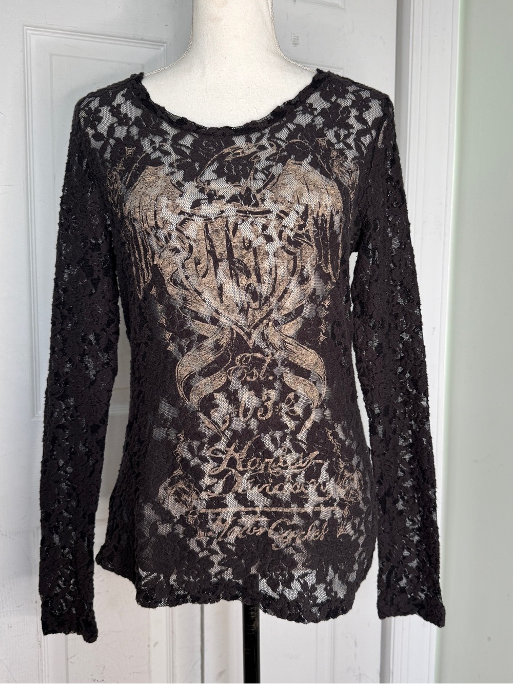 Y2K Grunge Harley-Davidson Black Lace Sheer Long Sleeve Top